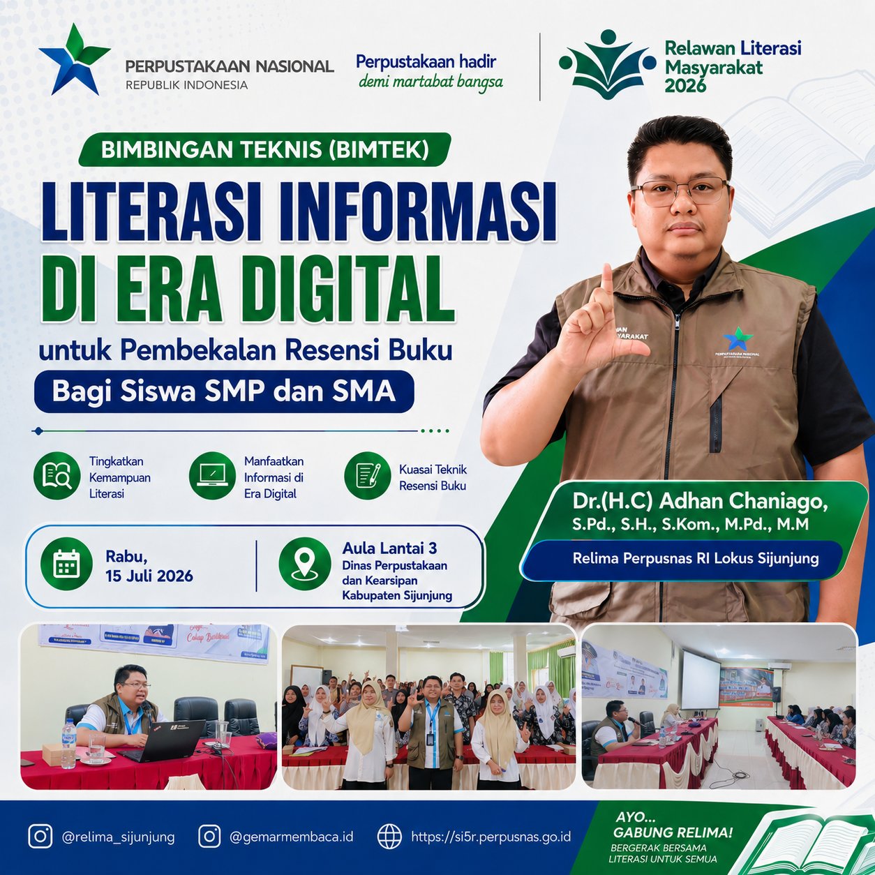 Flyer Bimbingan Teknis (Bimtek) Literasi Informasi di Era Digital untuk Siswa SMP/SMA dalam Pembekalan Resensi Buku