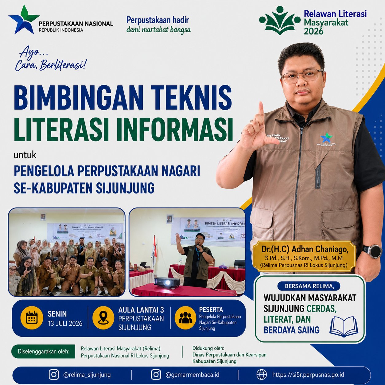 Flyer Bimbingan Teknis (Bimtek) Literasi Informasi di Era Digital untuk Pengelola Perpustakaan Nagari Se-Kabupaten Sijunjung