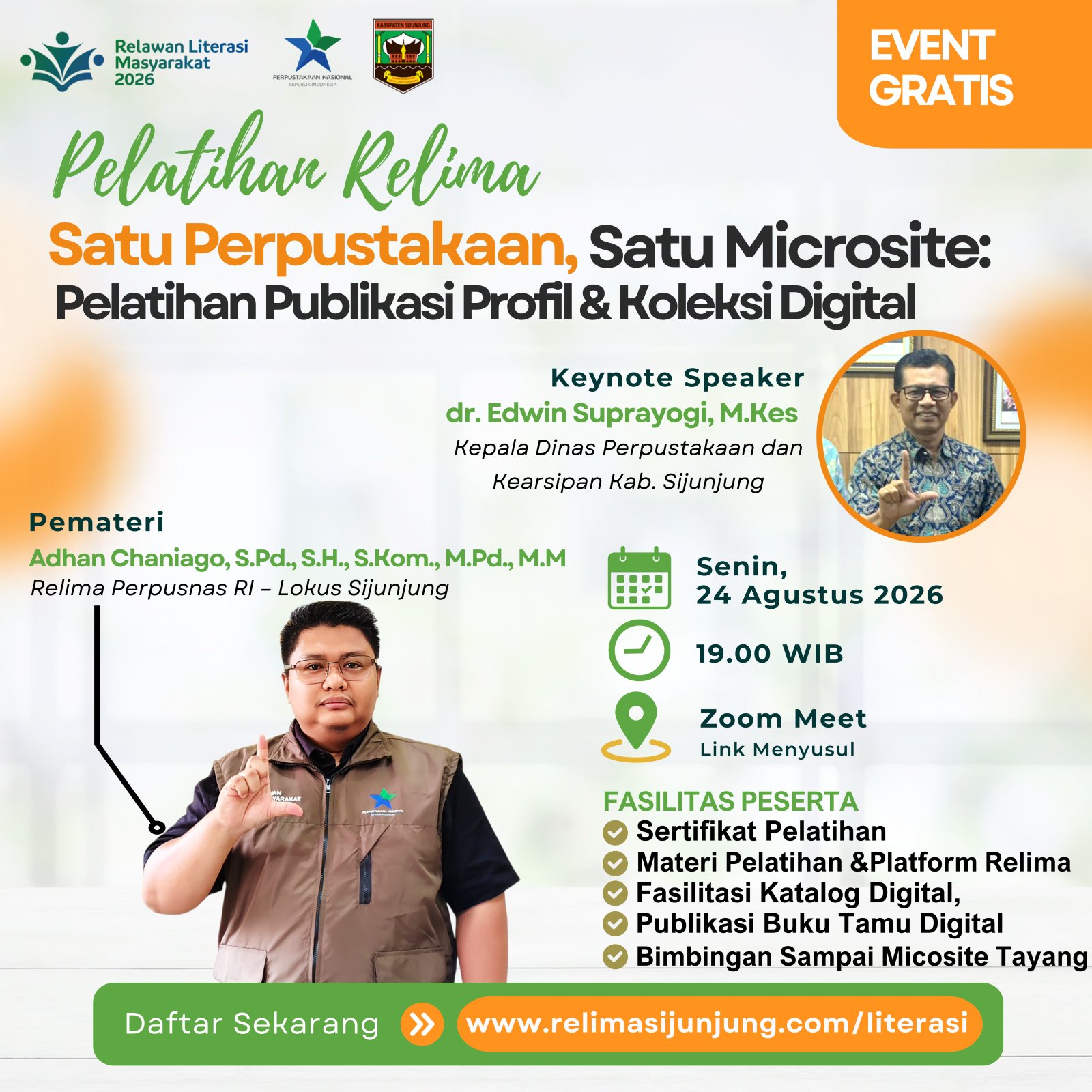Flyer Satu Perpustakaan, Satu Microsite: Pelatihan Publikasi Profil & Koleksi Digital